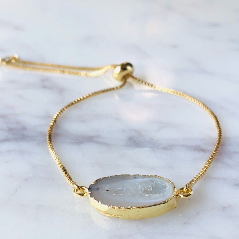 18K Gold Plated Cream Agate Slice CZ Diamonds Slider Bracelet